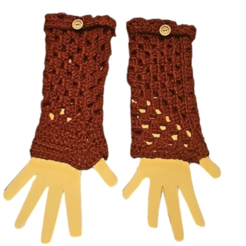 Hand Crafted Hand Knit Crochet Orange Granny Square Fingerless Gloves handmade - Picture 3 of 17